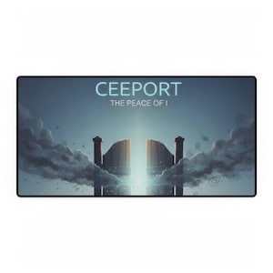 Può includere: Tappetino per mouse rettangolare con un'illustrazione digitale. Il design presenta un cancello di legno che si apre a una luce intensa, con il testo "CEEPORT" e "THE PEACE OF I" in blu. Lo sfondo ha un effetto nuvoloso.