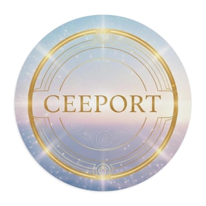 May include: Round sticker with a light blue and gold design. The sticker features a gold border with the word "CEEPORT" in gold lettering. The background has a gradient of light blue, pink, and white with a starburst effect.