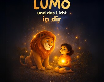May include: An illustrated image features a lion and a child in a forest setting. The lion has a golden mane and is smiling at the child. The child is holding a glowing orb. The text "LUMO und das Licht in dir" is at the top.