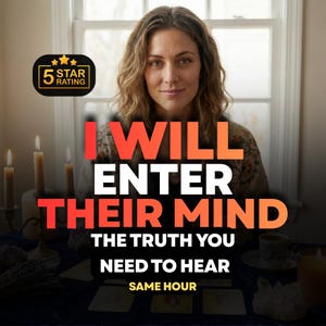 Puede incluir: Imagen de una mujer con cabello ondulado y texto superpuesto: "I WILL ENTER THEIR MIND, THE TRUTH YOU NEED TO HEAR, SAME HOUR". Un distintivo de "5 STAR RATING" es visible. Velas y cartas del tarot sobre una mesa.