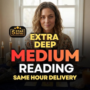 Può includere: Immagine di una donna con lunghi capelli mossi, con il testo "EXTRA DEEP MEDIUM READING" a grandi lettere. L'immagine include anche un badge "5 STAR RATING" e le parole "SAME HOUR DELIVERY". Candele accese sullo sfondo.