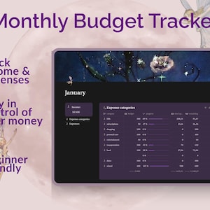 May include: A digital monthly budget tracker displayed on a tablet. The screen shows expense categories and financial data. Text on the screen includes "January," "income," and "expenses." The background features a purple moon and fairy illustrations.