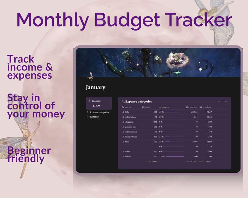 May include: A digital monthly budget tracker displayed on a tablet. The screen shows expense categories and financial data. Text on the screen includes "January," "income," and "expenses." The background features a purple moon and fairy illustrations.