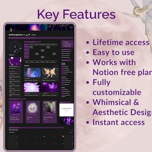 May include: A digital planner interface with a dark purple and black color scheme. The screen displays a student planner with various sections and images. Text on the screen includes "Key Features" and bullet points describing the planner's attributes.