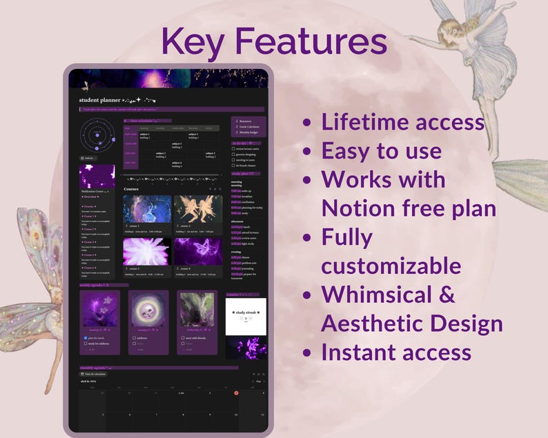 May include: A digital planner interface with a dark purple and black color scheme. The screen displays a student planner with various sections and images. Text on the screen includes "Key Features" and bullet points describing the planner's attributes.