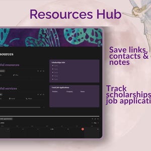 May include: A digital interface with the text "Resources Hub" and "Resources." The interface features sections for useful resources, services, and tracking scholarships and job applications. A fairy illustration is in the background.