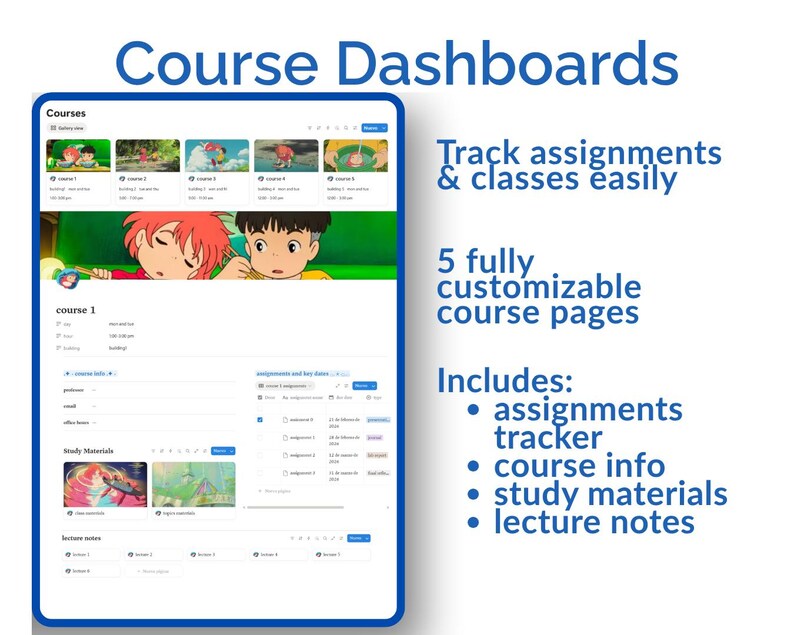 Op de afbeelding: Een digitale tablet met een cursusdashboard-interface. Het scherm toont cursusinformatie, opdrachten en studiemateriaal. De tekst bovenaan luidt "Course Dashboards". Extra tekst is "Track assignments & classes easily" en "5 fully customizable course pages."