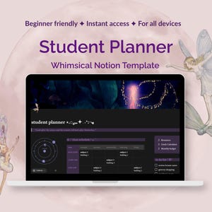 May include: A laptop displays a student planner template with a whimsical design. The screen shows a dark interface with purple accents, featuring a class schedule and to-do list. The text reads "Student Planner" and "Whimsical Notion Template."