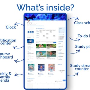 Op de afbeelding: Een blauwe digitale tablet toont een studieplanner-interface. Het scherm toont een lesrooster, takenlijst, studieplan en studie-streak-teller. Extra functies zijn een klok, meldingscentrum, cursusdashboard en week- en maandagenda. De tekst "What's inside?" staat bovenaan.