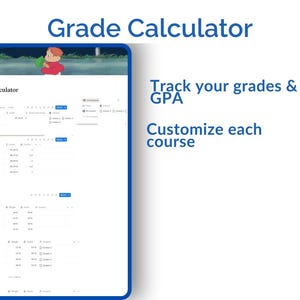 Op de afbeelding: Een digitaal tabletscherm toont een "Cijfercalculator" interface. Het scherm toont een tabel met cursus- en cijferinformatie, samen met de tekst "Volg je cijfers & GPA" en "Pas elke cursus aan."