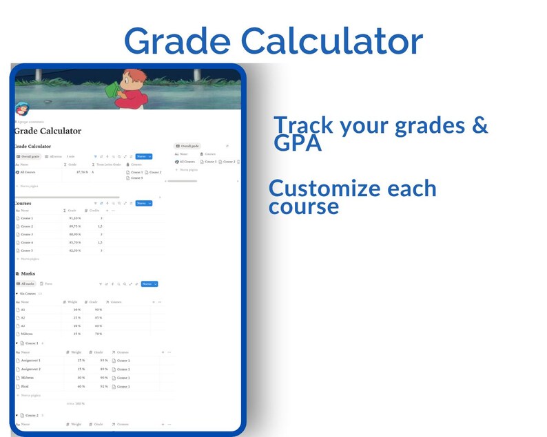 Op de afbeelding: Een digitaal tabletscherm toont een "Cijfercalculator" interface. Het scherm toont een tabel met cursus- en cijferinformatie, samen met de tekst "Volg je cijfers & GPA" en "Pas elke cursus aan."