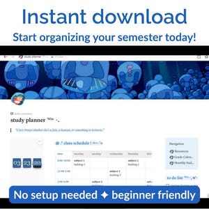 Op de afbeelding: Een digitale studieplanner weergegeven op een tablet. Het scherm toont een lesrooster, een takenlijst en navigatie-opties. De tekst luidt "Direct downloaden" en "Geen installatie nodig, beginner vriendelijk".