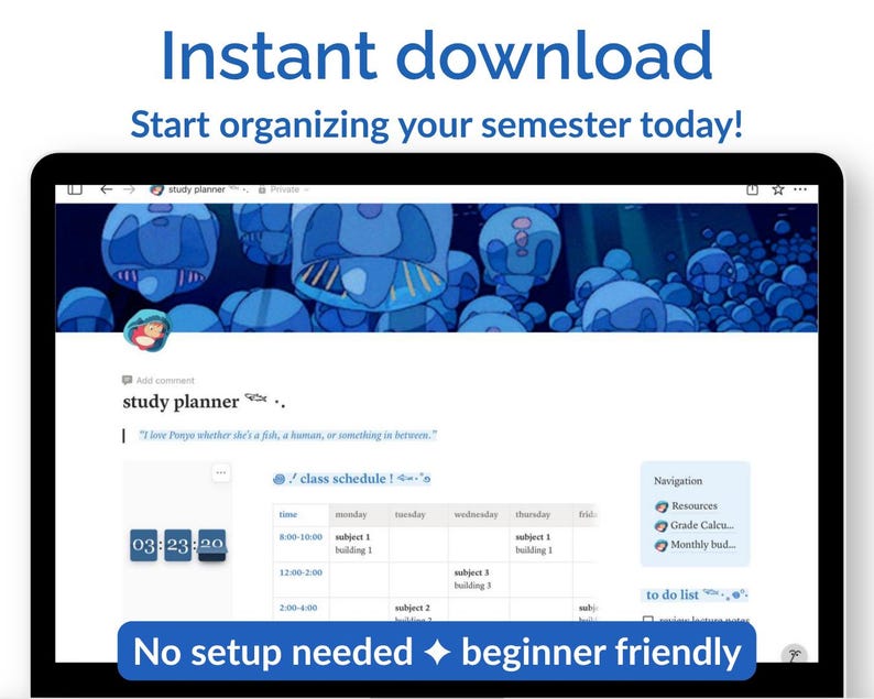 Op de afbeelding: Een digitale studieplanner weergegeven op een tablet. Het scherm toont een lesrooster, een takenlijst en navigatie-opties. De tekst luidt "Direct downloaden" en "Geen installatie nodig, beginner vriendelijk".