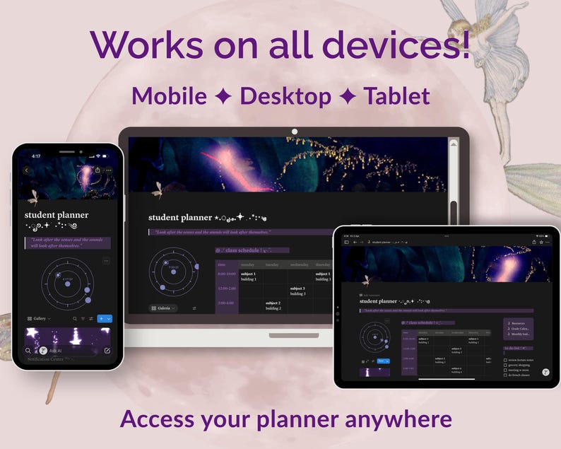 May include: A digital planner interface displayed on a smartphone, laptop, and tablet. The screens feature a dark theme with purple accents and the text "student planner." The image includes the text "Works on all devices!" and "Access your planner anywhere."