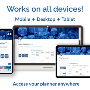 Op de afbeelding: Een digitale studieplanner weergegeven op een smartphone, laptop en tablet. De schermen tonen de plannerinterface met een blauw thema en de tekst "study planner". De afbeelding bevat de tekst "Works on all devices!" en "Access your planner anywhere."
