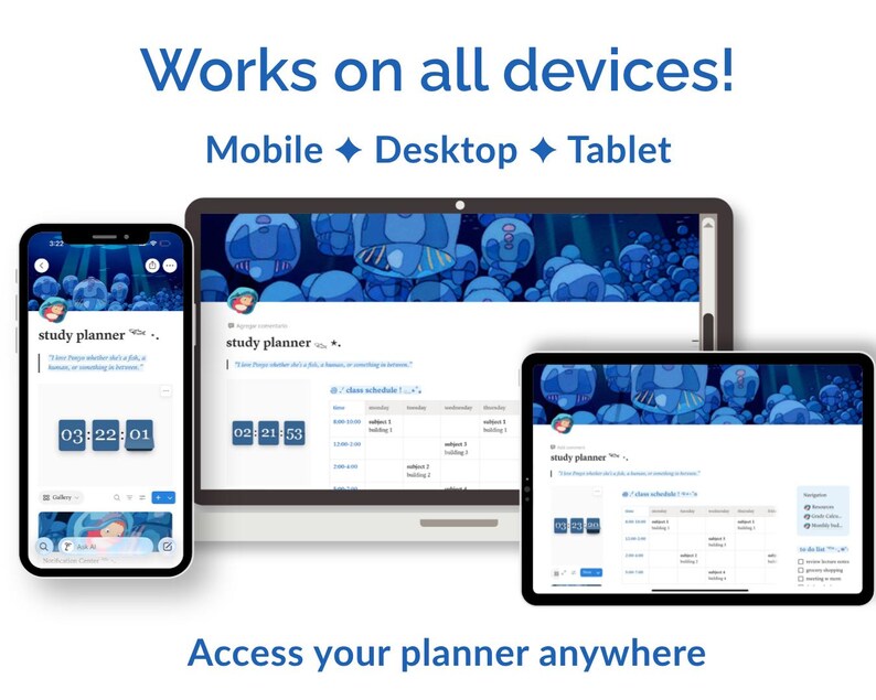 Op de afbeelding: Een digitale studieplanner weergegeven op een smartphone, laptop en tablet. De schermen tonen de plannerinterface met een blauw thema en de tekst "study planner". De afbeelding bevat de tekst "Works on all devices!" en "Access your planner anywhere."