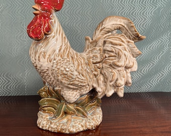 Large Ceramic Rooster, Tan and Red, 12 inches high, Vintage Sculpture