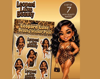 Leopard Luxe Beauty Sticker Pack | Melanin Glam Fashionista Stickers | Curvy Black Girl Planner Stickers PNG