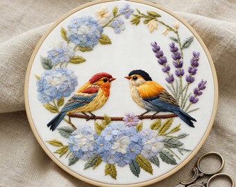 Kit de broderie Oiseau et Hortensia : Ensemble de broderie botanique sur tambour