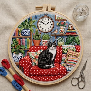 May include: A detailed embroidery hoop art piece featuring a black and white cat seated on a red polka-dot sofa. The scene includes a clock, bookshelves, plants, and a variety of colorful details, with embroidery floss and scissors in the foreground.