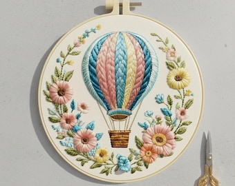 Kit de broderie montgolfière pour débutants et créations florales, broderie moderne pour chambre d'enfant, cerceau, décoration murale, cadeau