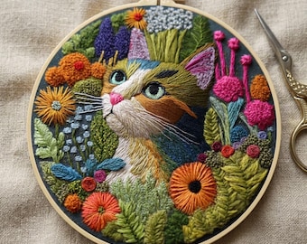 Kit de broderie florale chat : Broderie botanique féline sur tambour (20 cm)