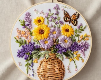 Butterfly & Wildflower Embroidery Kit, Beginner Needlework, DIY Hoop Art