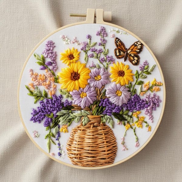Butterfly & Wildflower Embroidery Kit, Beginner Needlework, DIY Hoop Art