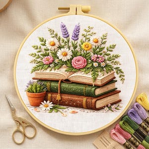 May include: Embroidered hoop art with a floral design of daisies, roses, and lavender above a stack of books. A small potted plant and gold scissors are next to the hoop. Embroidery floss in various colours is also visible.