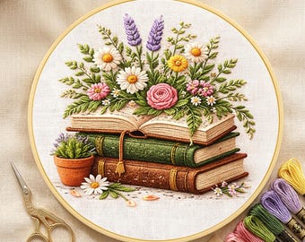 Kit de broderie florale : cerceau de bibliothèque botanique, art artisanal, couture à la main, bricolage