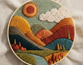Modern Mountain Landscape Embroidery Kit, Abstract Nature Hoop Art Wall Decor