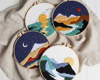 Kit de broderie paysage moderne : broderie au cerceau pour débutants en montagne coucher de soleil