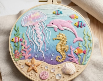 Kit de broderie Sea Life, broderie pour débutants, cercles océan