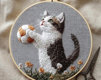 Kit de broderie chat : illustration de chaton jouant au cerceau de football (8 pouces)