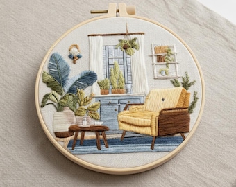 Kit de broderie pour débutant avec motif de plante d'intérieur, créations d'art en cercle dans la jungle urbaine, décoration murale à faire soi-même pour amateur de plantes et cadeau pleine conscience
