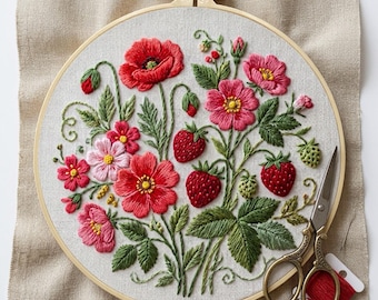 Kit de broderie florale : Papillon botanique, Fraise, Broderie sur tambour à faire soi-même, Broderie pour débutants