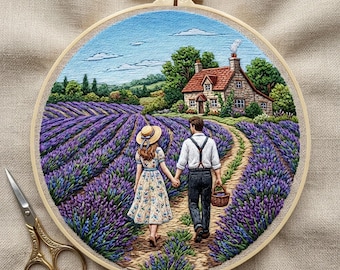 Kit de broderie Champ de lavande : Paysage romantique de chalet pour couple, broderie pour débutants (20 cm)