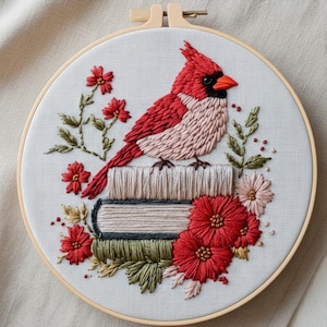 Cardinal Embroidery Kit, Red Bird on Books DIY Craft, Complete Hoop Art for Beginner, Winter Stitching & Thoughtful Gift for Book Lover