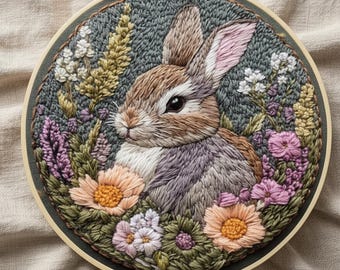 Kit de broderie lapin pour débutants, création de cerceau de fleurs et lapin, décoration murale cottagecore, cadeau animal de la forêt