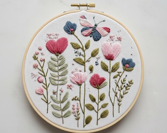 Kit de broderie de papillons et de fleurs, broderie pour débutants, cerceau botanique moderne
