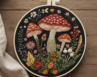 Kit de broderie champignon : lot de broderies Woodland Cottagecore (cerceau de 8 pouces)