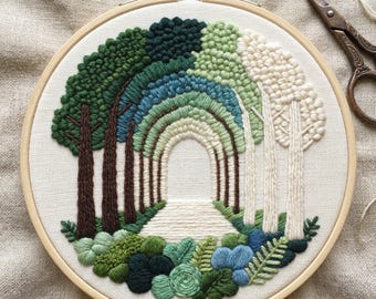 Kit de broderie Tunnel de forêt : Tableau à broder Paysage d'arbres forestiers (20 cm)