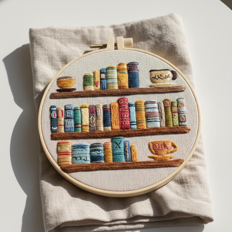 May include: Embroidered hoop art featuring a bookshelf design. The artwork showcases three shelves filled with colorful, textured books and two teacups. The embroidery is set against a neutral fabric background, framed by a wooden hoop.