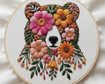 Kit de broderie fleur ours, broderie botanique moderne à faire soi-même, travaux manuels pour débutants