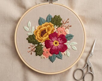 Kit de broderie florale 3D : Modèle de broderie botanique sur tambour à broder, pour débutants