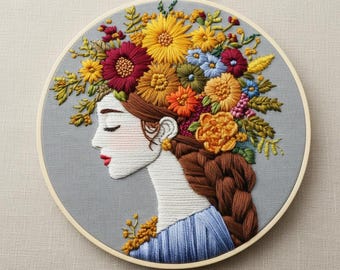 Kit de broderie florale pour fillettes, cerceau pour portraits botaniques, art textile moderne (20 cm)