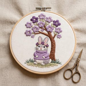 Floral Bunny Embroidery Kit, Woodland Rabbit Hoop Art, Beginner Spring Craft (8-inch Hoop)