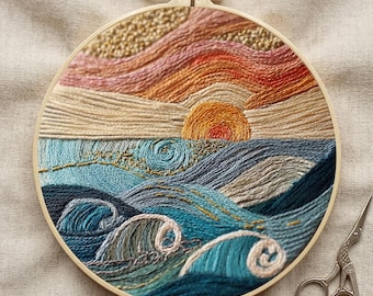 Kit de broderie Sunset Ocean : motif de cerceau vague côtière, ensemble de travaux manuels de couture à la main