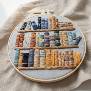 May include: A handcrafted embroidery hoop featuring a bookshelf design. The artwork showcases a collection of colorful, textured books arranged on two shelves. The embroidery uses various shades of blue, orange, yellow, and green thread, creating a detailed and artistic piece.