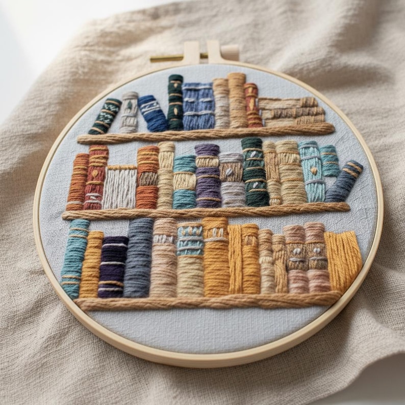 May include: A handcrafted embroidery hoop featuring a bookshelf design. The artwork showcases a collection of colorful, textured books arranged on two shelves. The embroidery uses various shades of blue, orange, yellow, and green thread, creating a detailed and artistic piece.